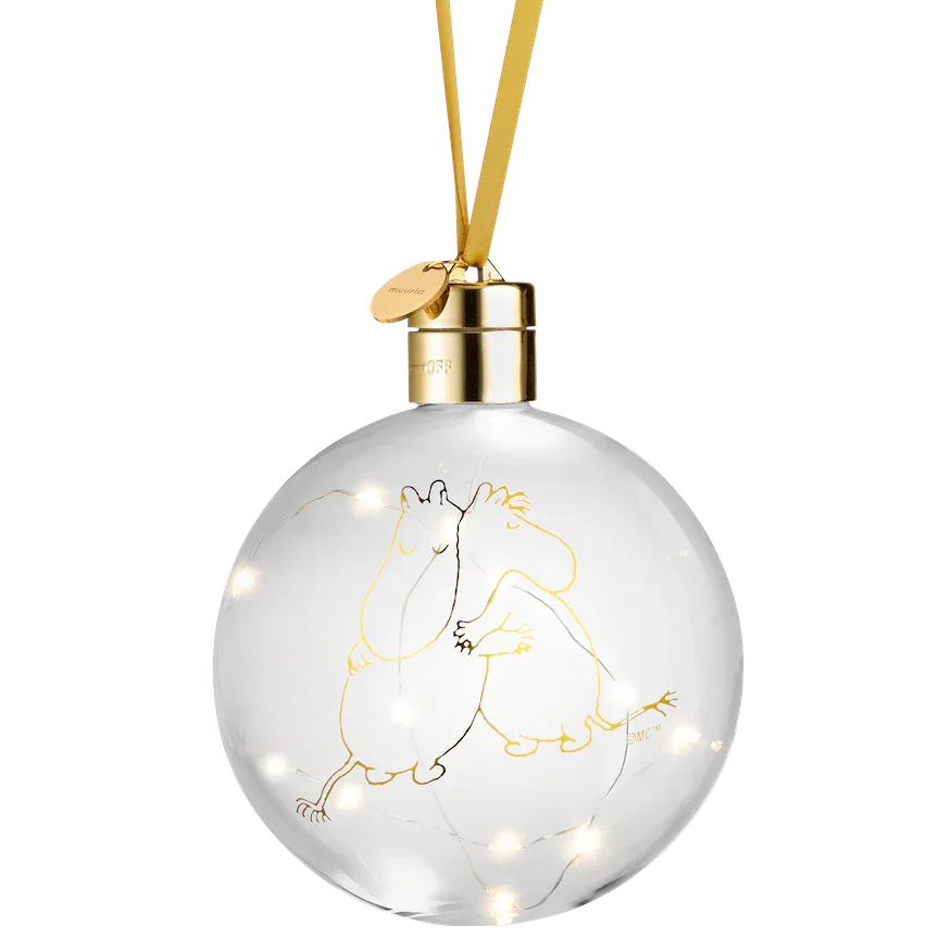 Skultuna Moomin glass Christmas bauble with gold illustration and LED lights