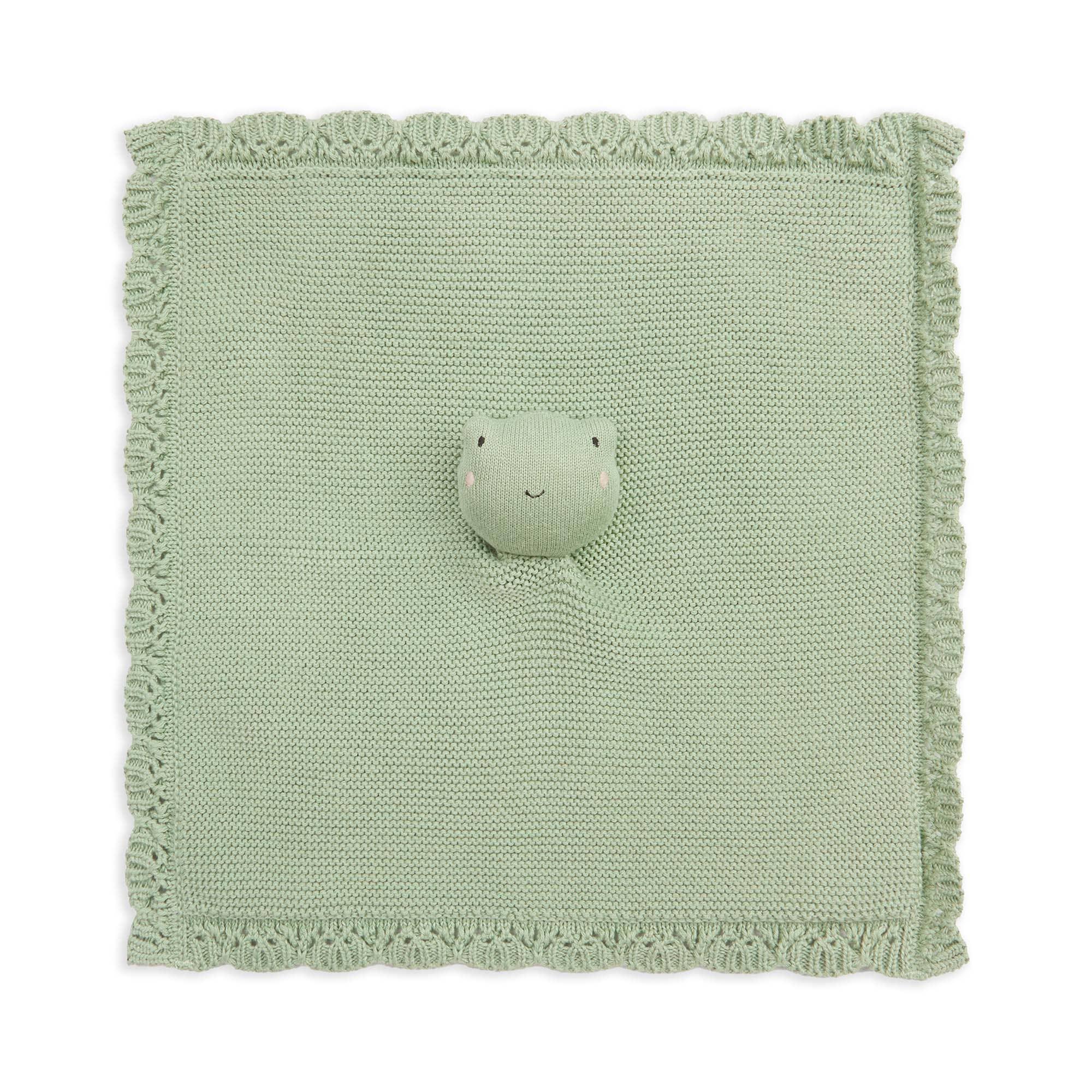 MORI sage green knit baby security blanket with hippo plush, premium cotton