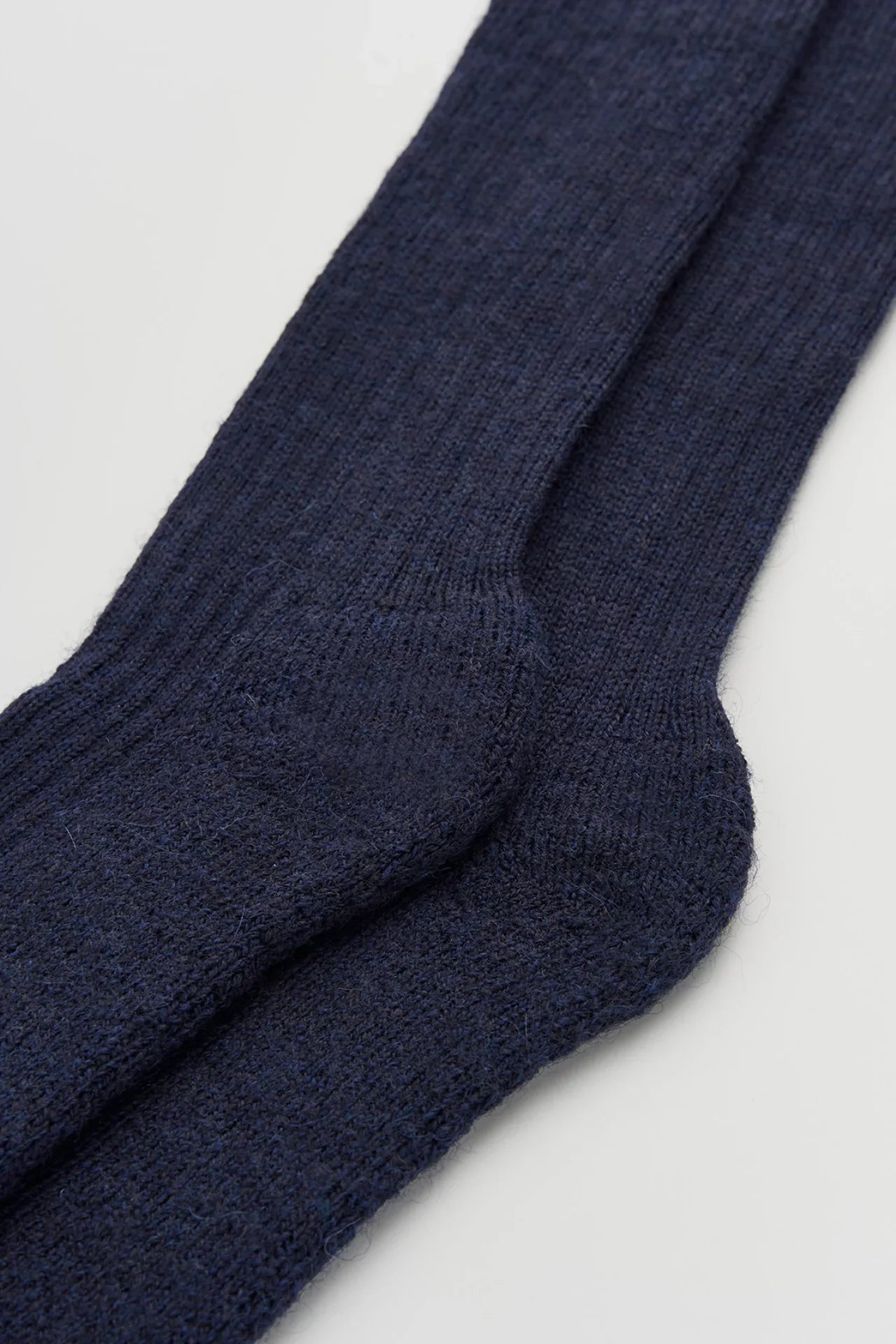 Hiroshi Kato navy blue wool socks, ribbed knit, premium textured finish