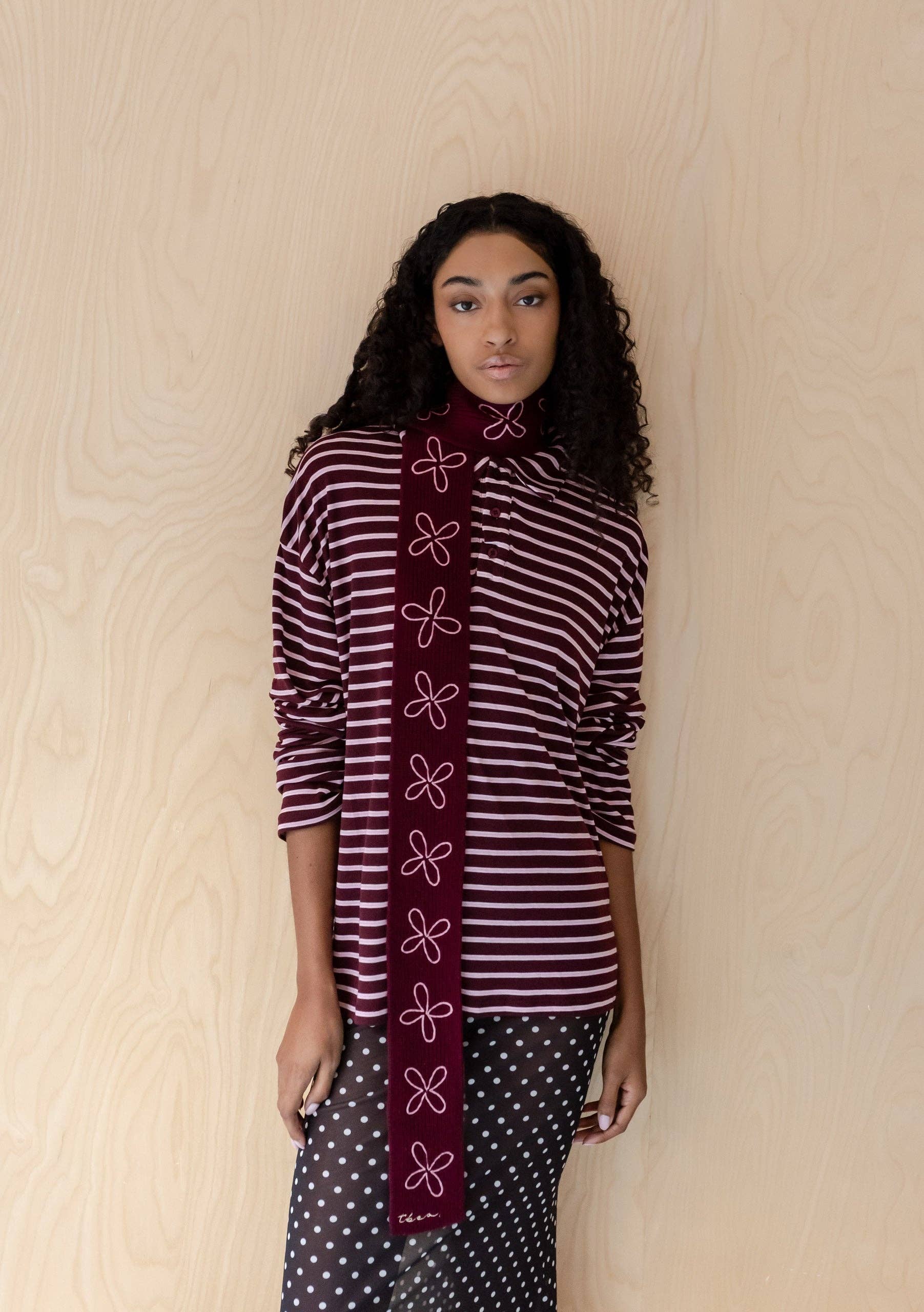 Merino Wool Skinny Scarf in Burgundy Flora