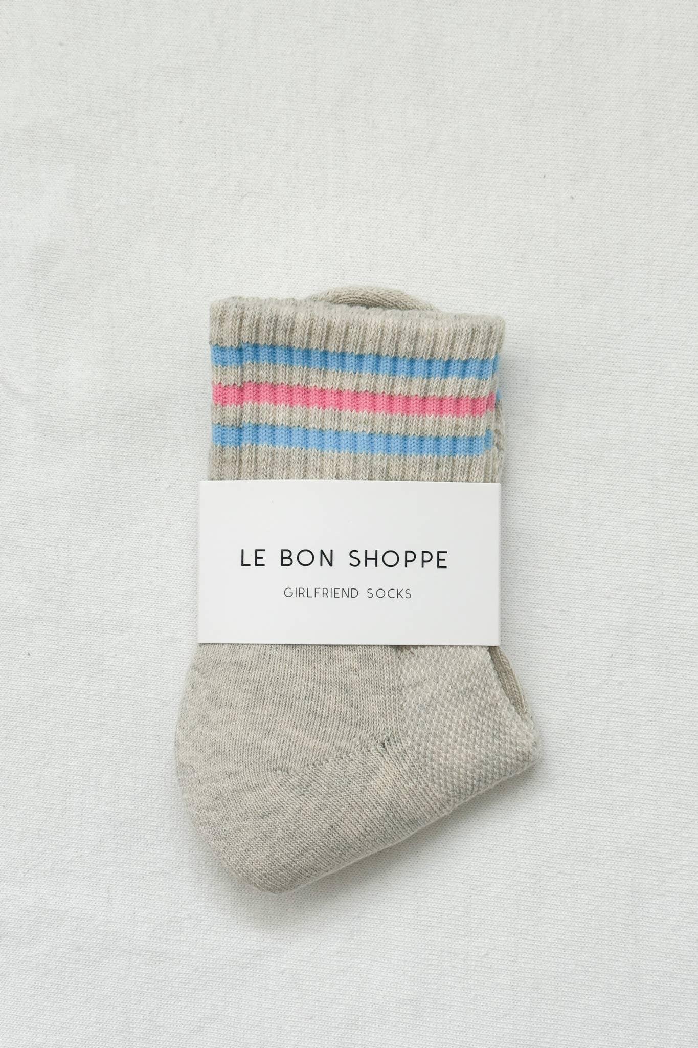 Le Bon Shoppe Girlfriend Socks, beige with blue and pink stripes, premium cotton