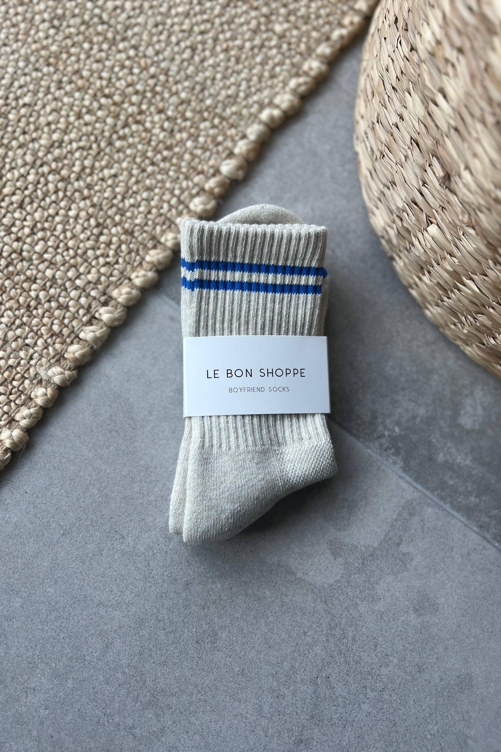 Le Bon Shoppe Boyfriend Socks, ribbed cotton, light grey with blue stripes on grey tile