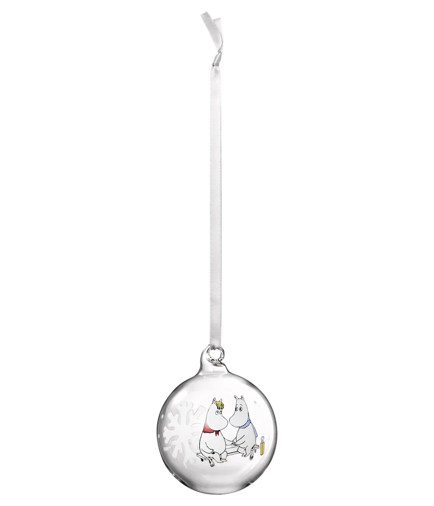 Pluto Produkter glass Christmas bauble with Moomin design, white ribbon, clear finish