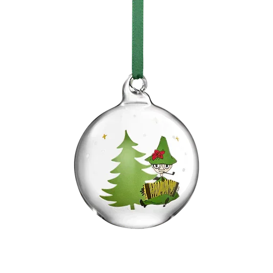 Iittala glass Christmas ornament with green tree, character illustration, and green ribbon
