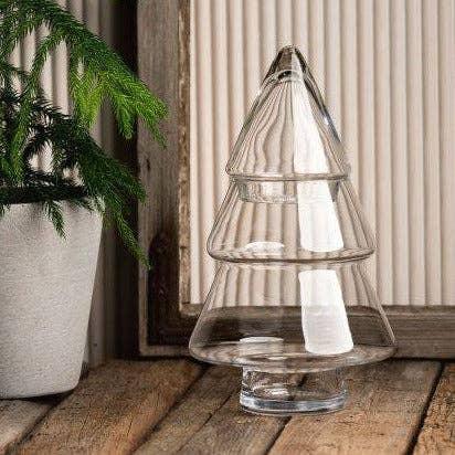 Chive clear glass Christmas tree decor on rustic wood table with plant