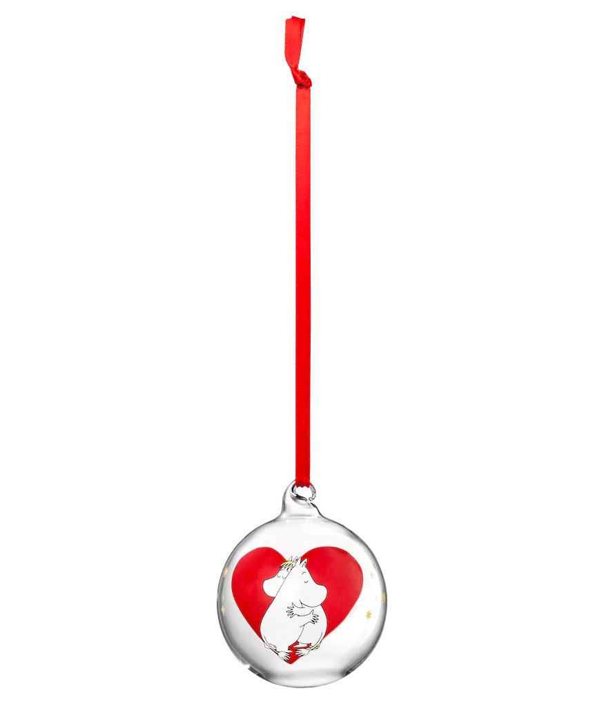 Iittala glass ornament with Moomin character, red heart motif, red ribbon, clear finish