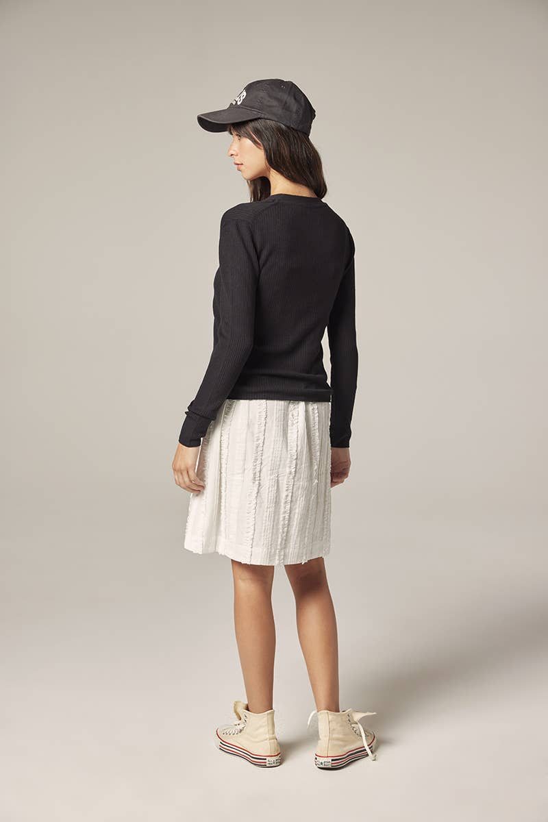 V-neck cotton line rib cardigan: Black / Solid / M/L