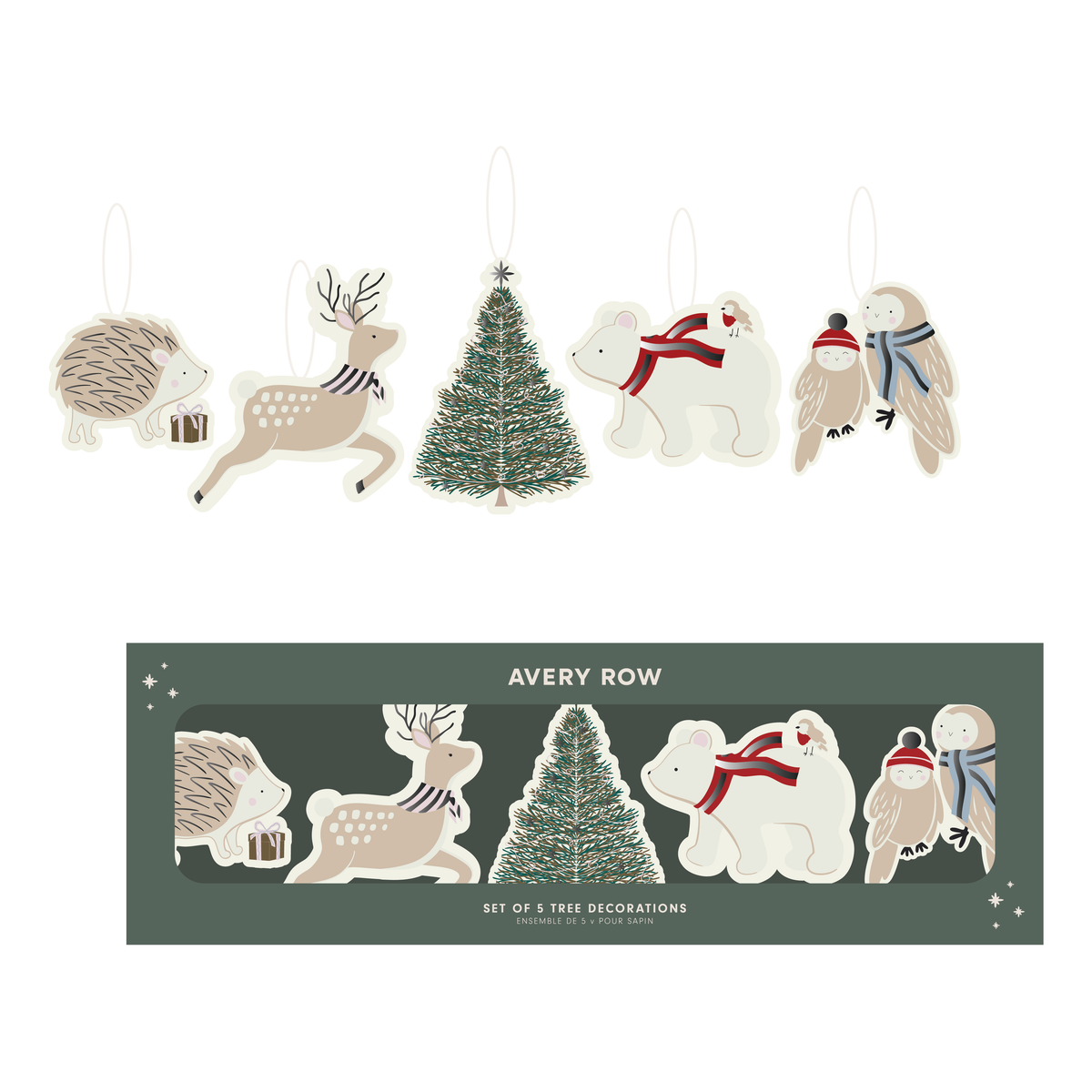 Embroidered Tree Decorations, Set of 5 - Wintery Woodlands