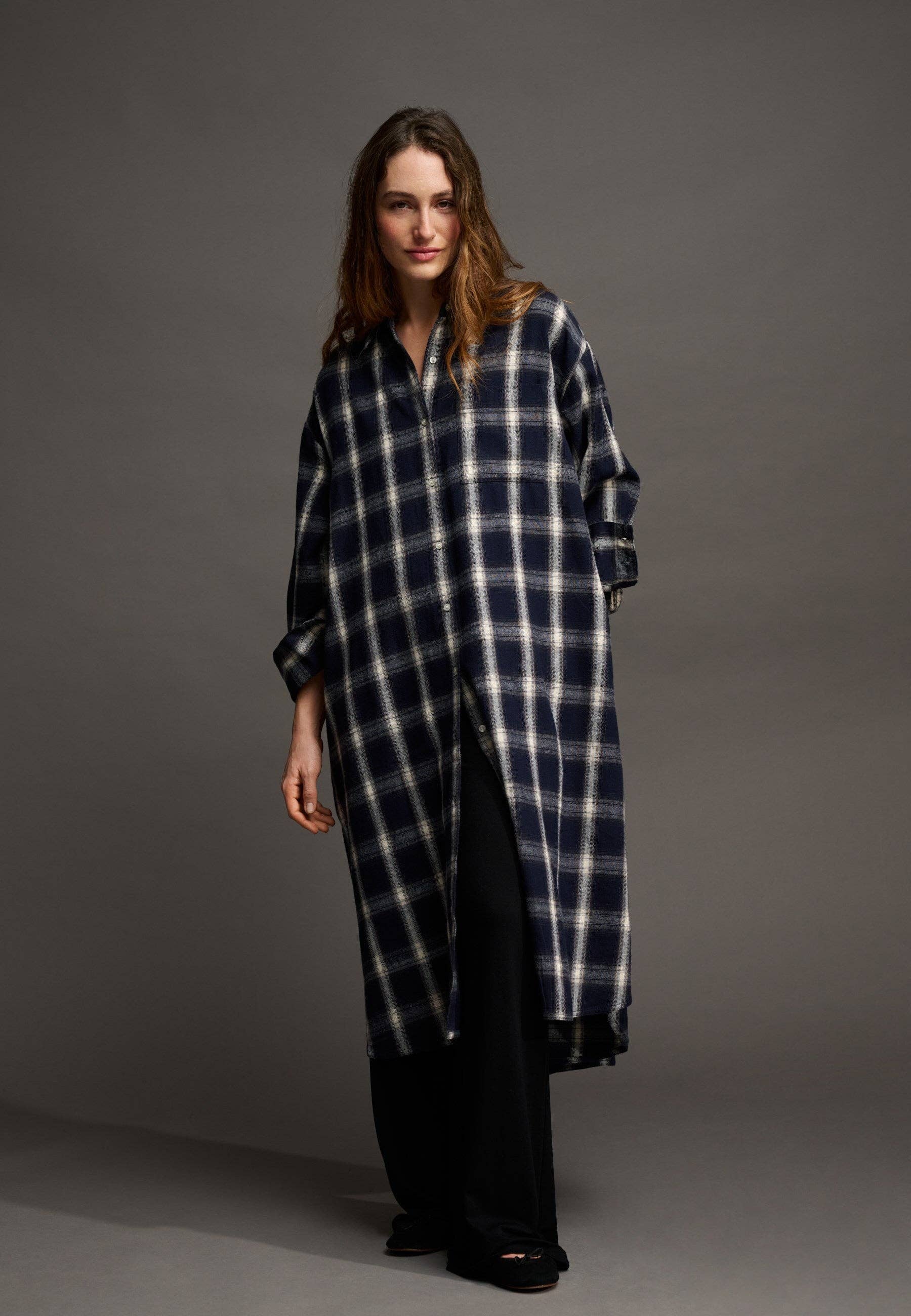 Floret shirtdress check: Dark navy / grey / ecru / S