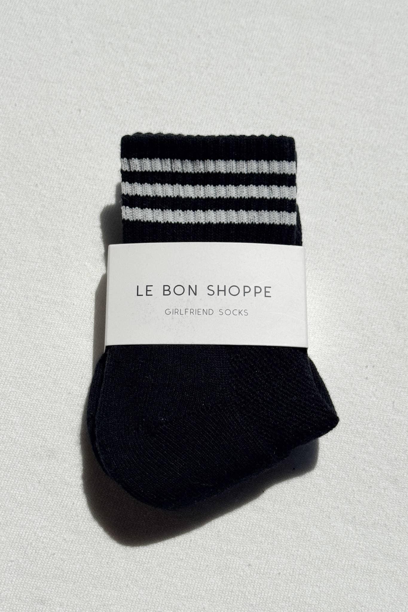 Le Bon Shoppe Girlfriend Socks, black cotton with white stripes, premium packaging
