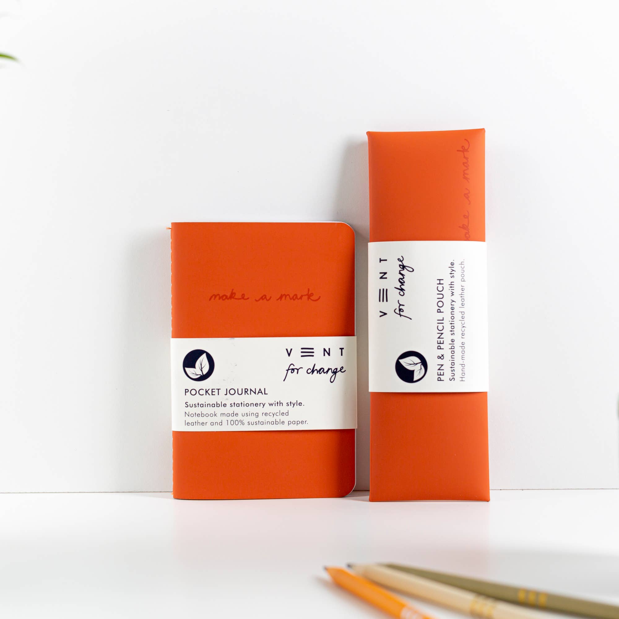 Recycled Leather Pen & Pencil Case | Handmade - Orange Pouch