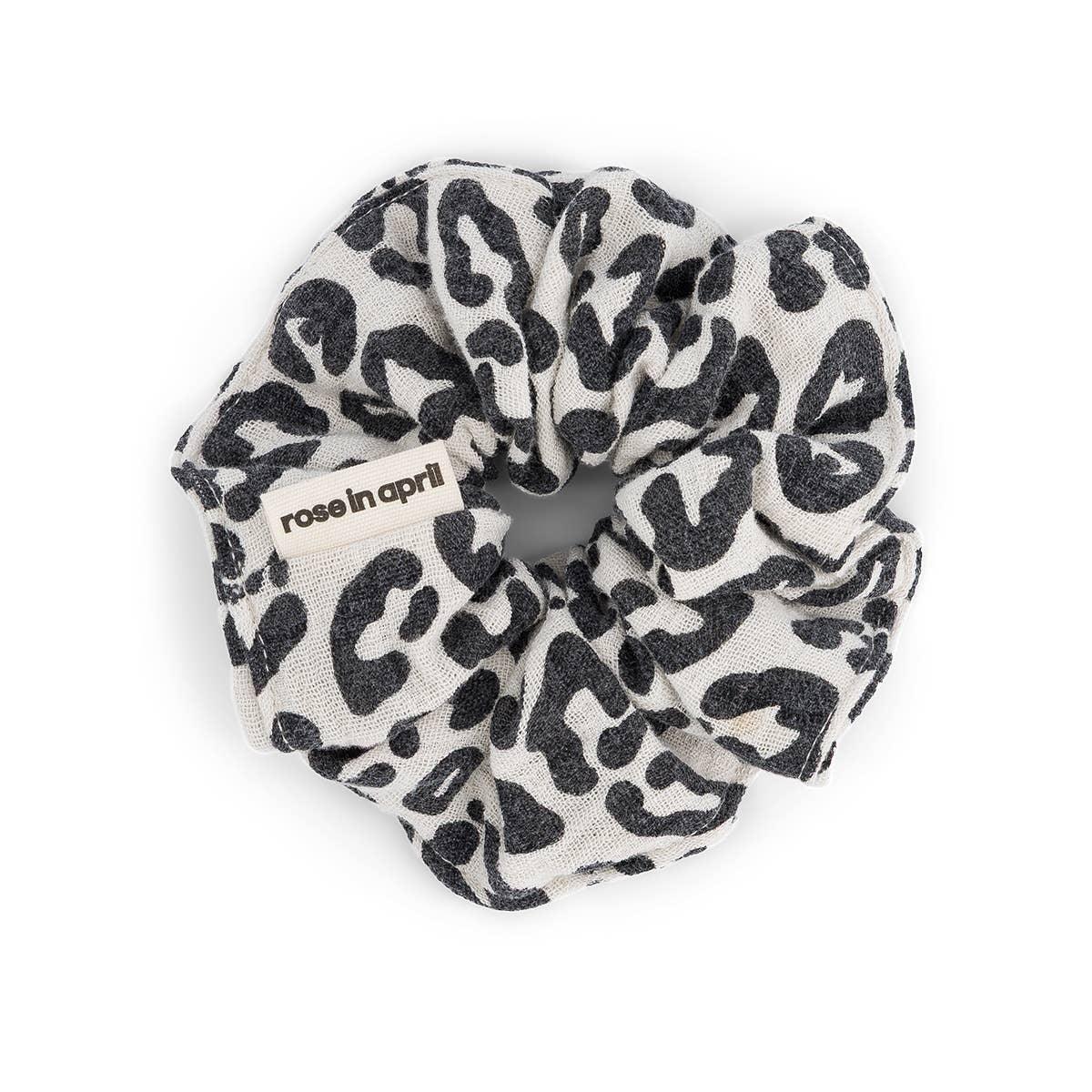 Rose in April cotton scrunchie with black and white leopard print pattern