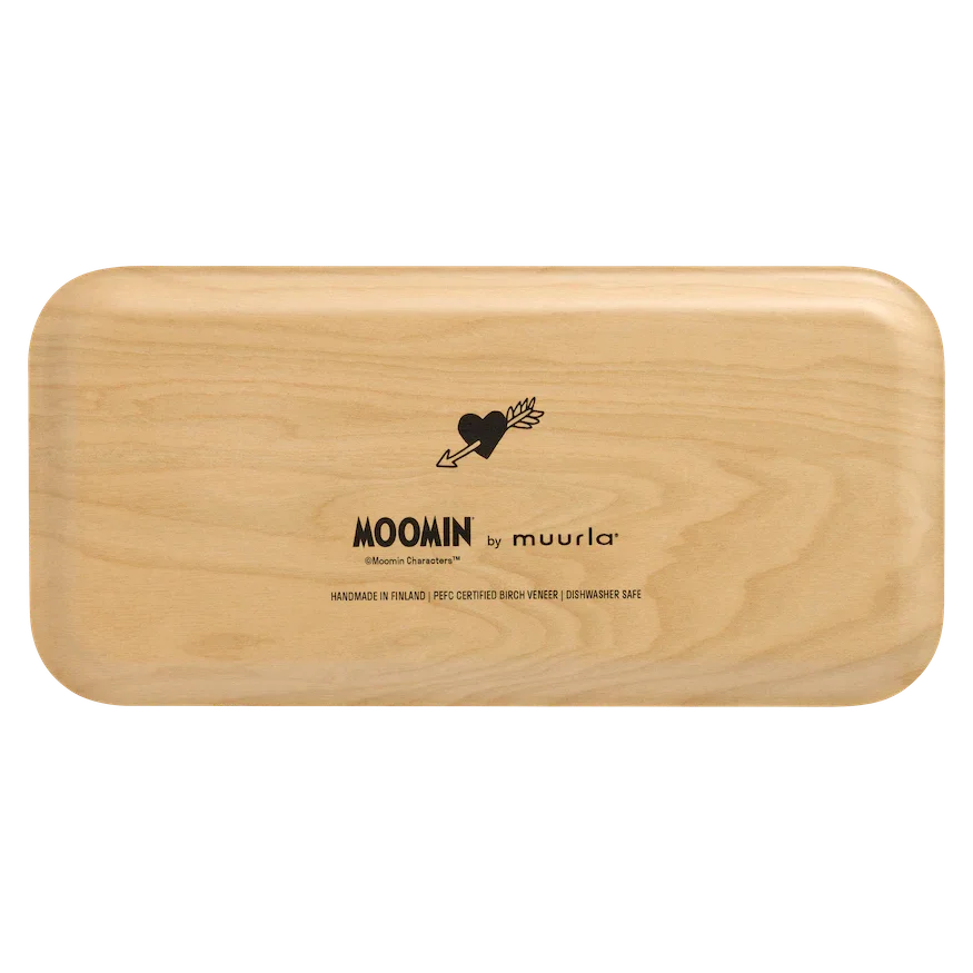 Muurla Moomin rectangular birch wood tray, light natural finish, heart arrow logo