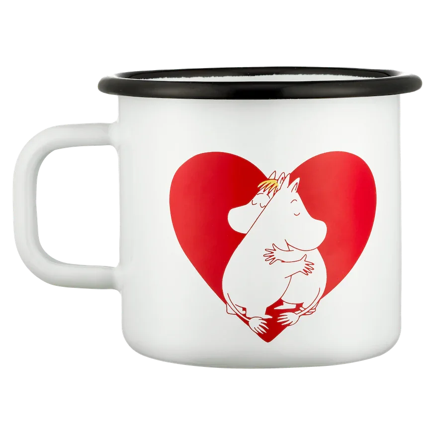Moomin white enamel mug with black rim, hugging Moomin characters and red heart design