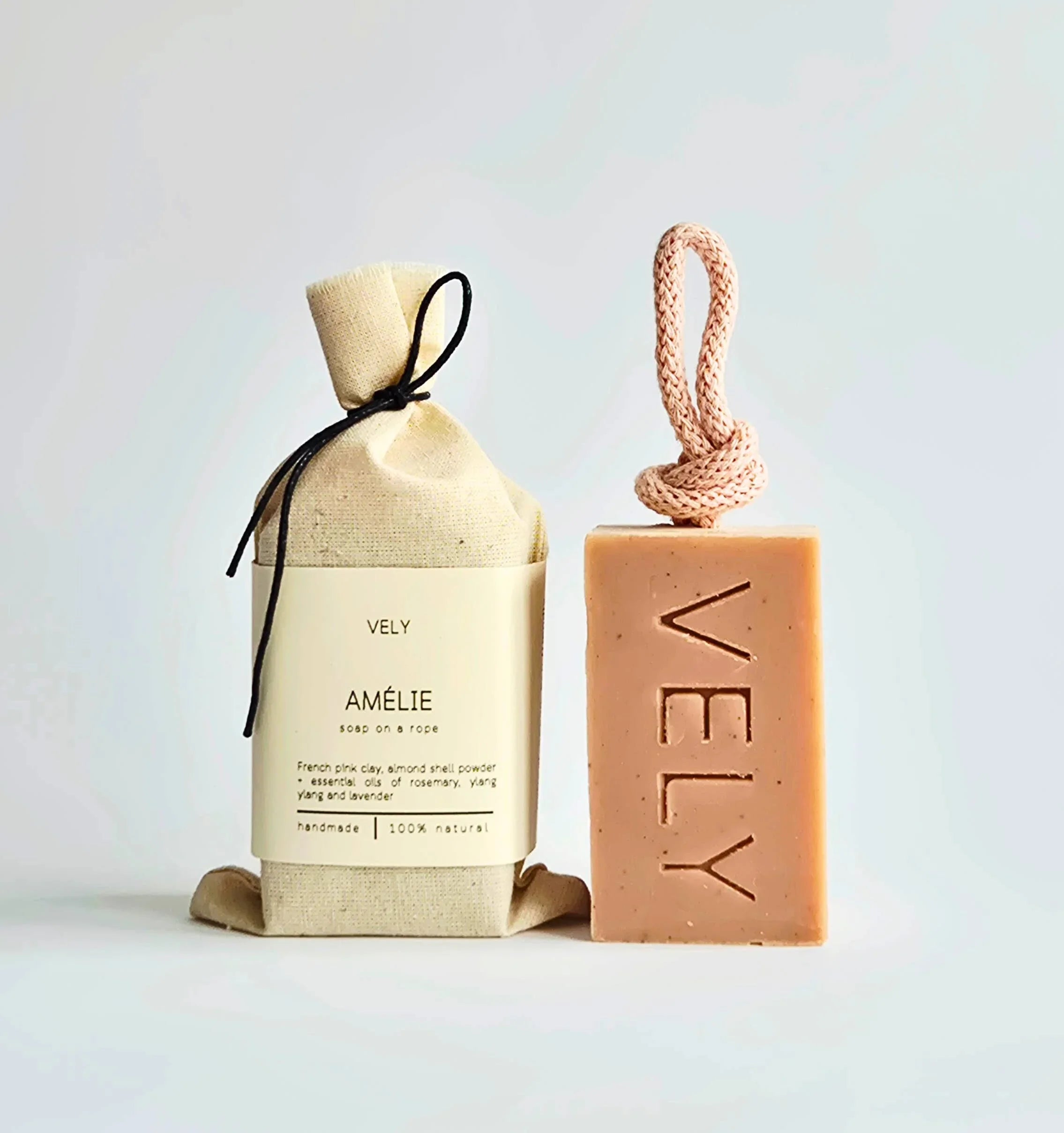 VELY Amélie pink clay soap on rope, natural handmade bar with pouch, premium skincare