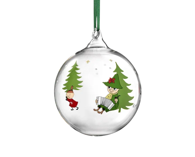 Muurla glass Christmas bauble with Moomin characters, clear with green and red accents