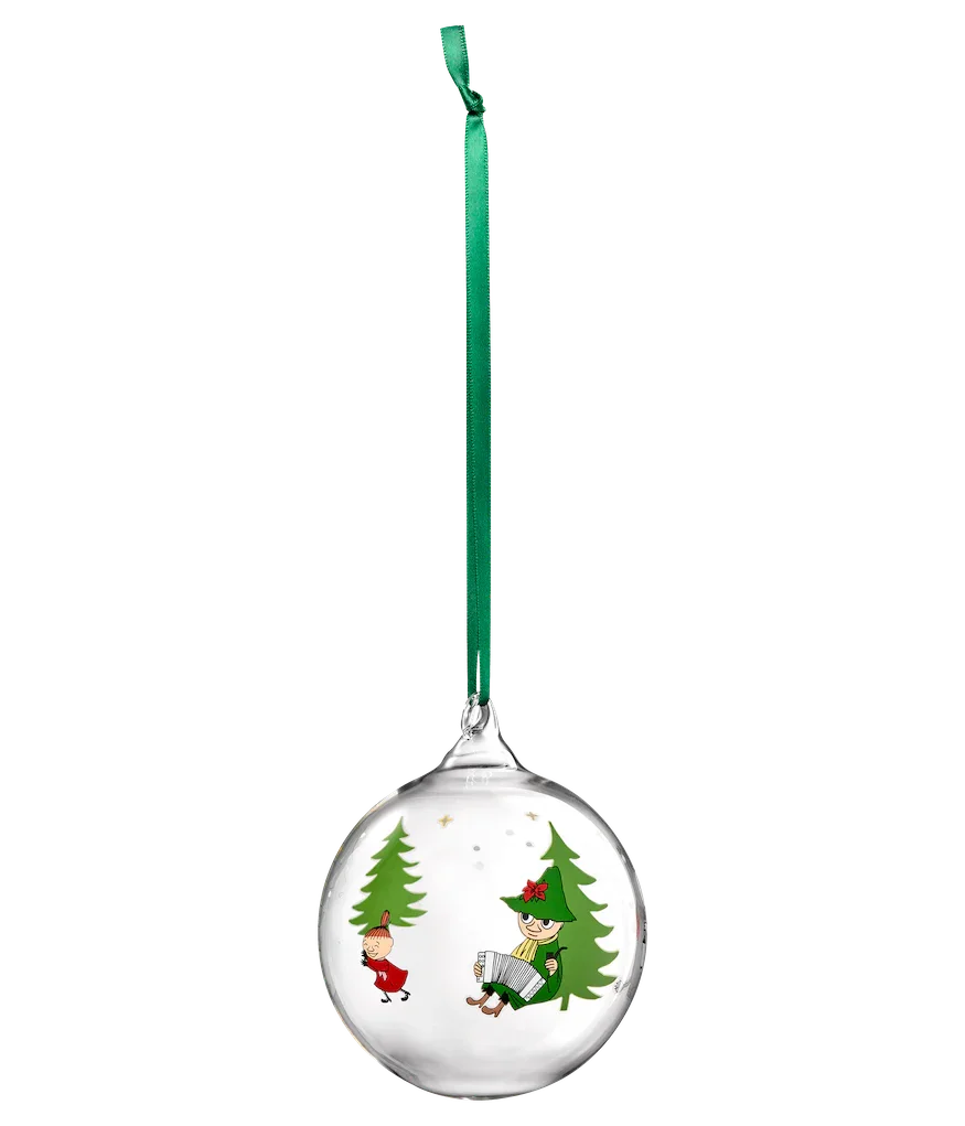 Arabia glass Christmas ornament with Moomin characters, green trees and festive design