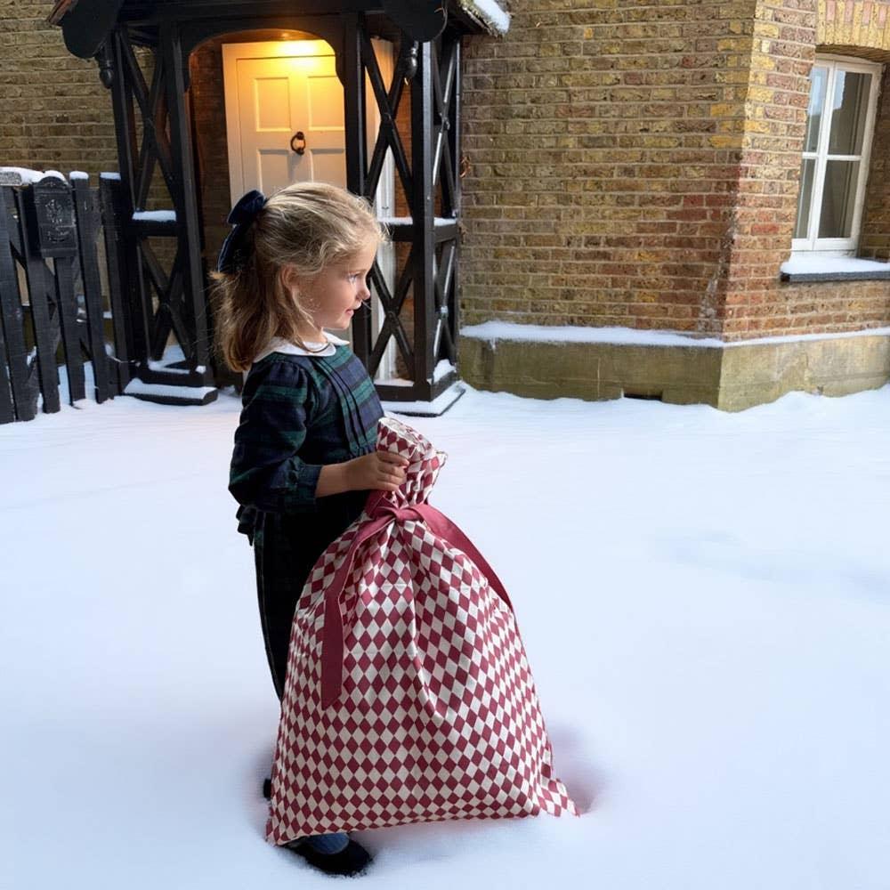 Milledeux luxury tartan dress and red diamond cotton gift bag in snowy outdoor setting