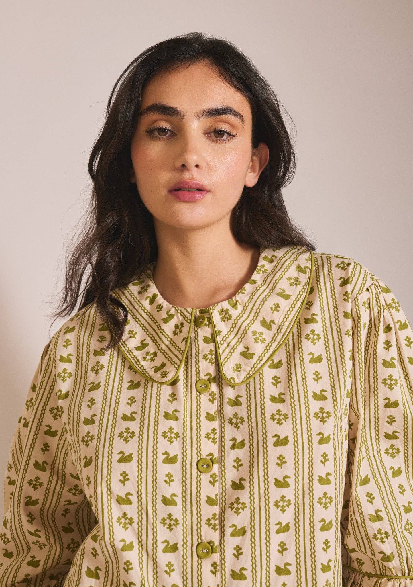 Cropped Cotton Pyjamas in Olive Swan - TBCo