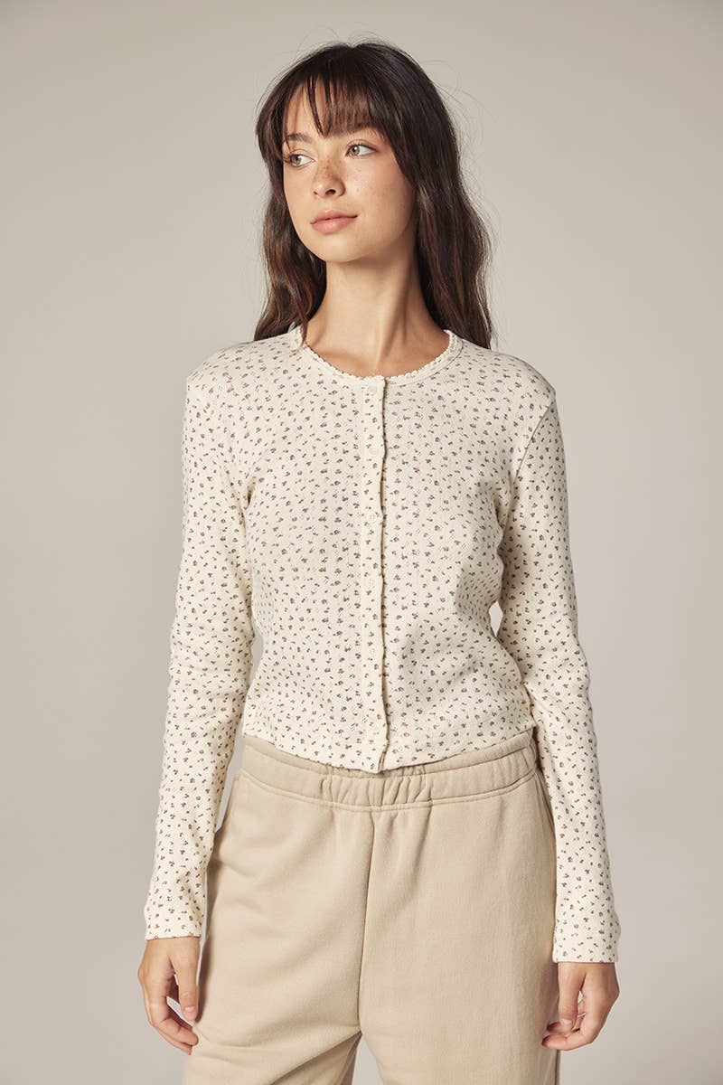 Romantic Button-down short cardigan: Cream/Navy / Floral / XS/S