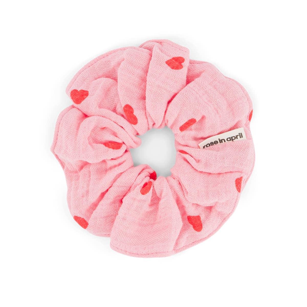 Rose in April pink cotton scrunchie with red heart print, premium hair accessory