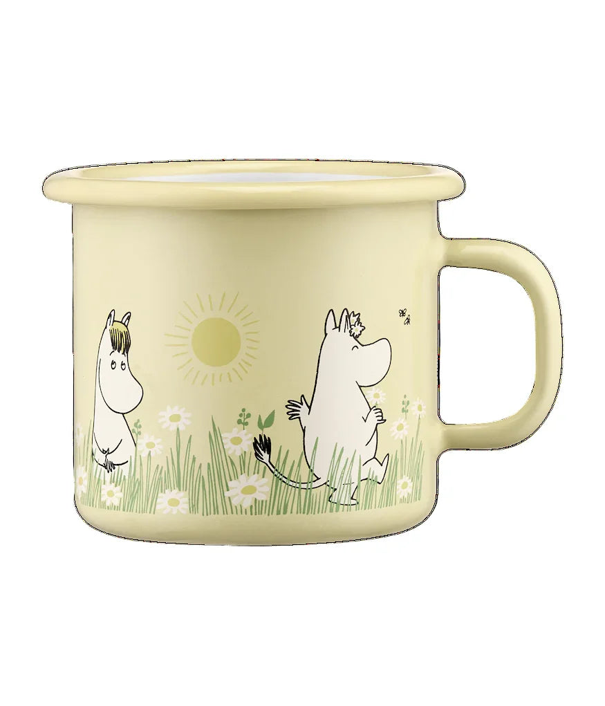 Muurla Moomin enamel mug, pale yellow, featuring Moomin characters and floral design