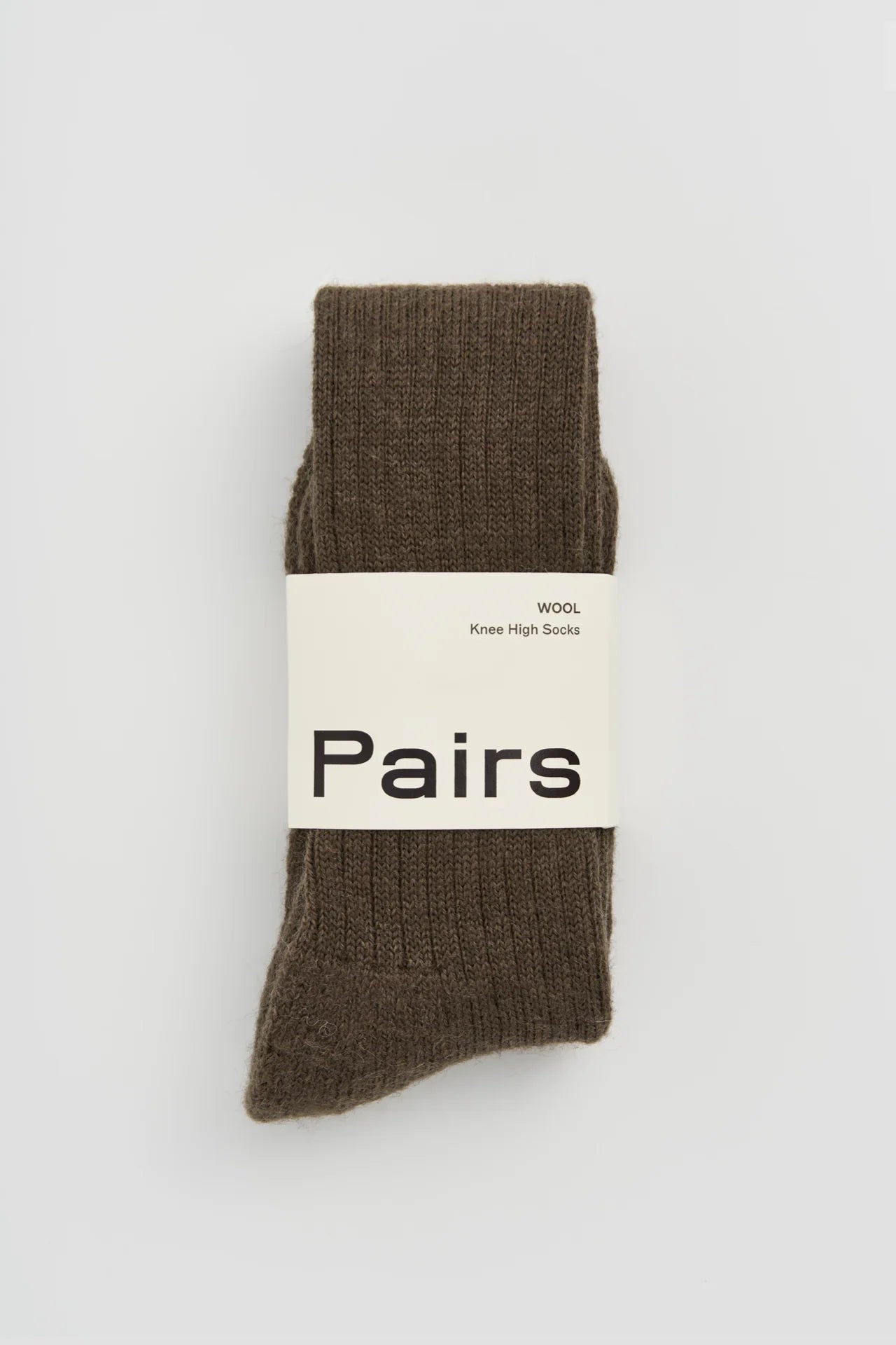 Pairs wool knee high socks in brown, ribbed texture, premium packaging