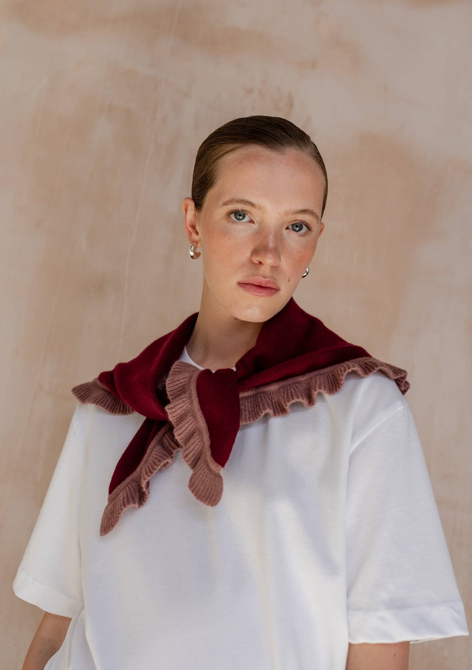 TBCo Merino Wool Triangle Scarf in Burgundy Ruffle