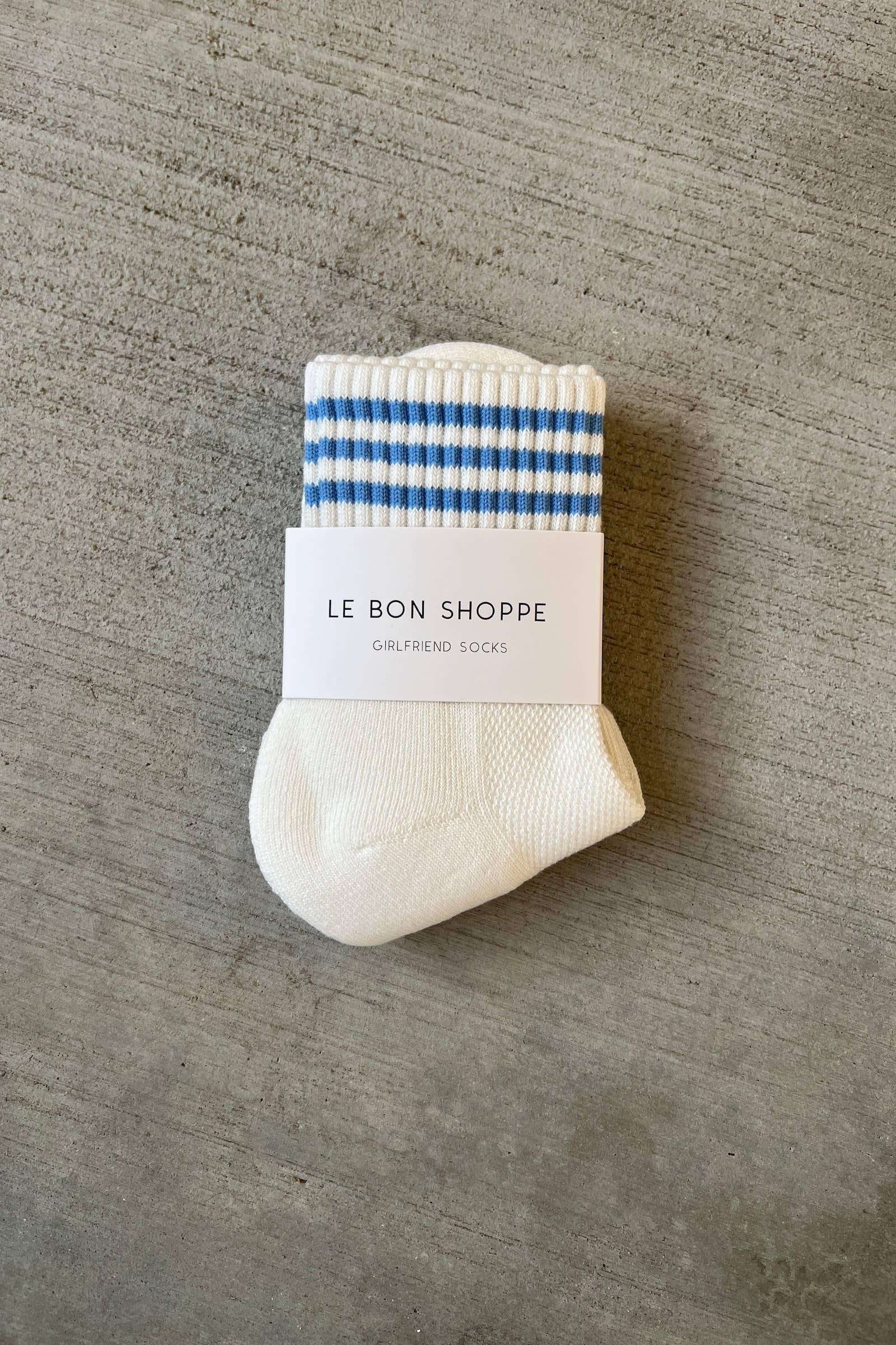 Le Bon Shoppe Girlfriend Socks white with blue stripes, cotton blend, premium packaging