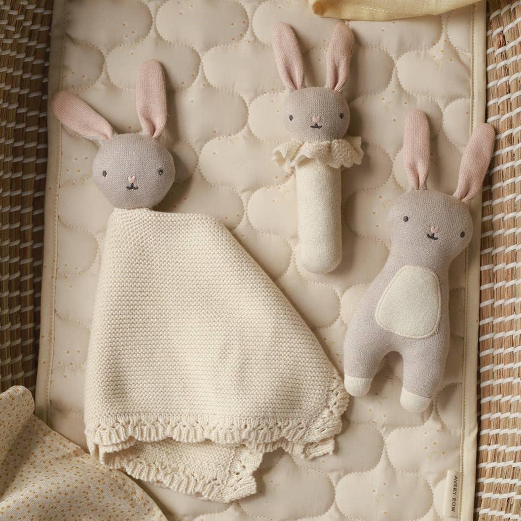 Avery Row organic cotton bunny soft toys and comforter in beige and cream tones
