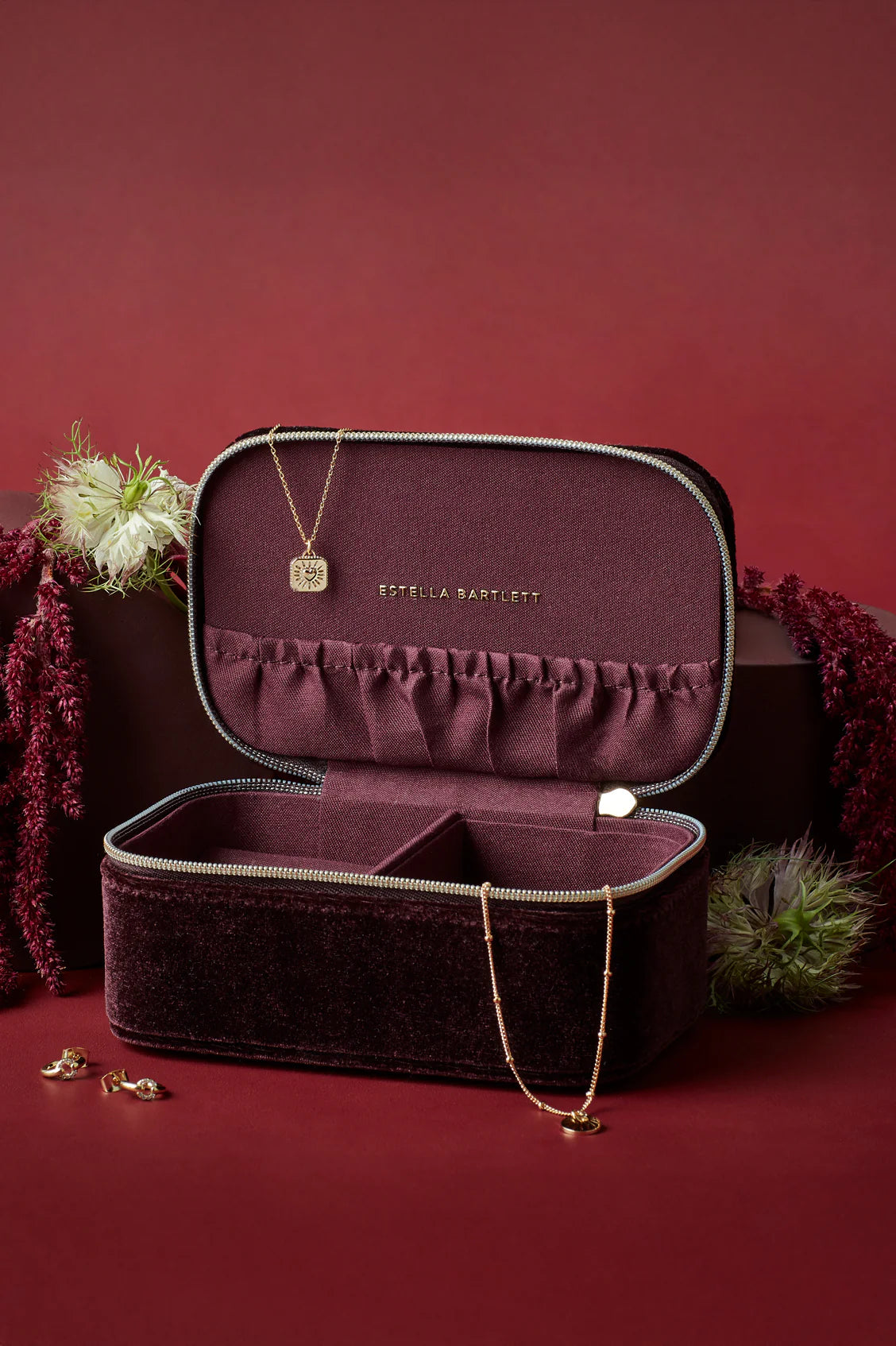 Quilted Lid Mini Jewellery Box - Burgundy Velvet