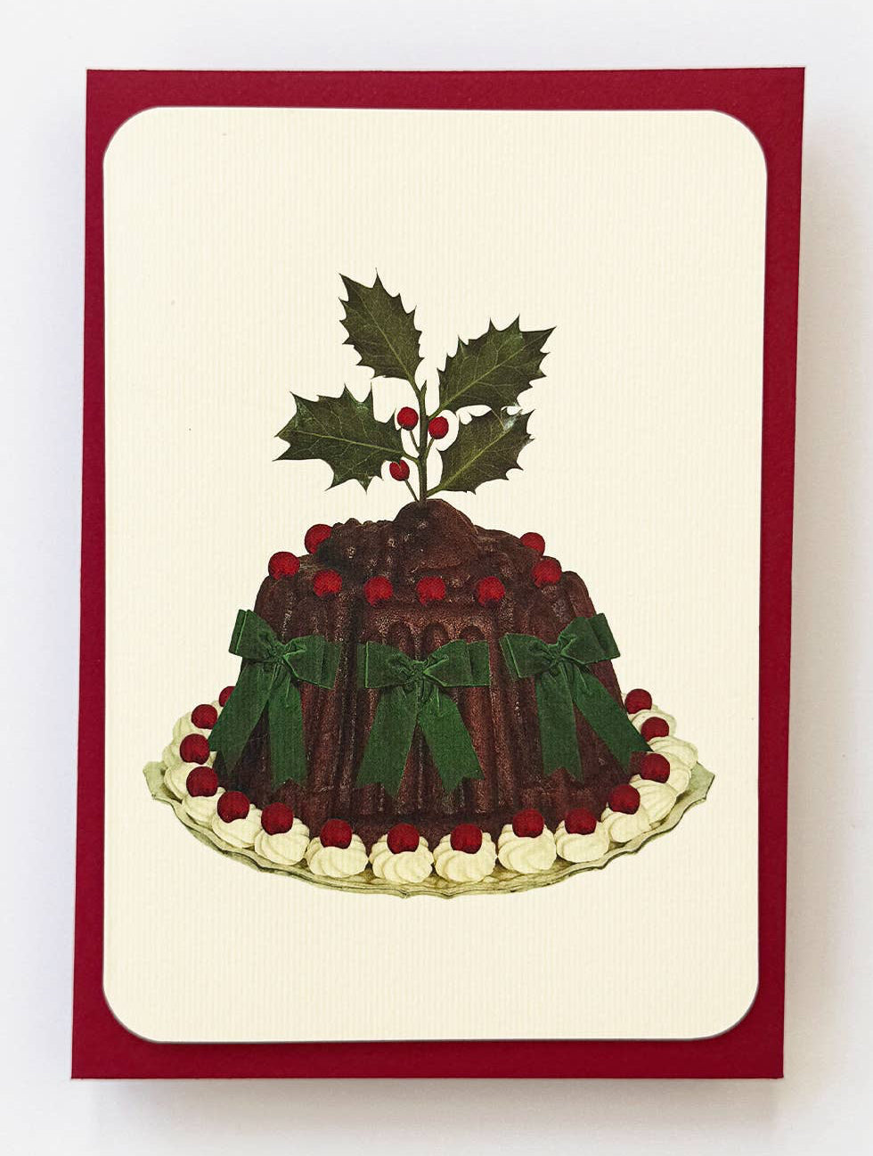 Christmas Plum Pudding Green Bows Greeting Card  by Canonbury Press