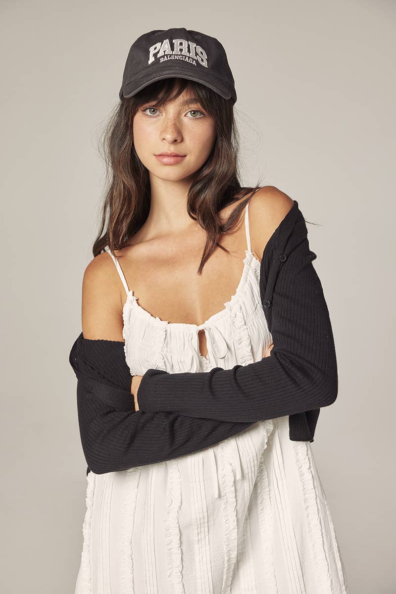 V-neck cotton line rib cardigan: Black / Solid / M/L