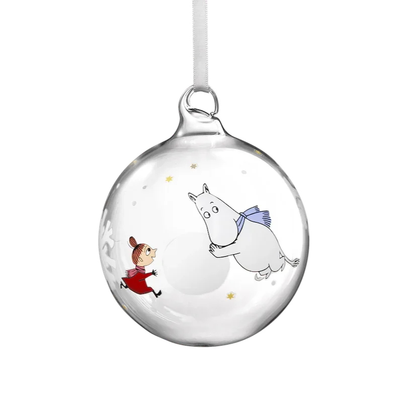 Moomin glass Christmas ornament featuring white, clear design with printed characters