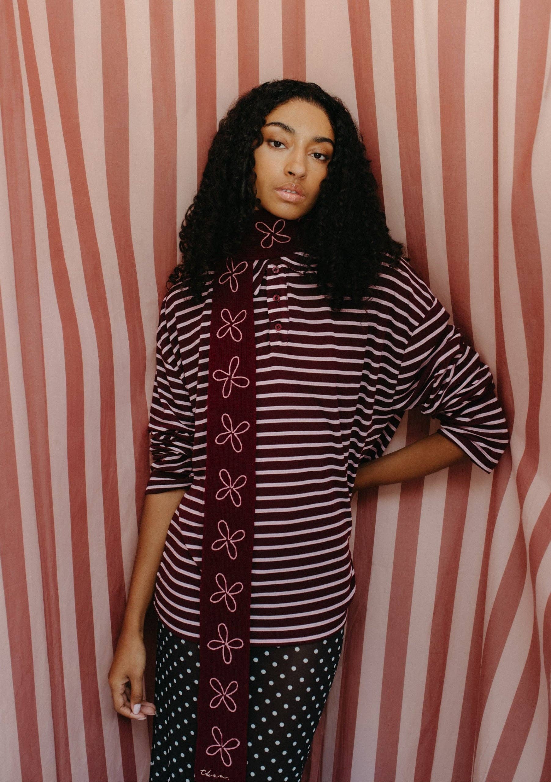 Merino Wool Skinny Scarf in Burgundy Flora -  TBCo