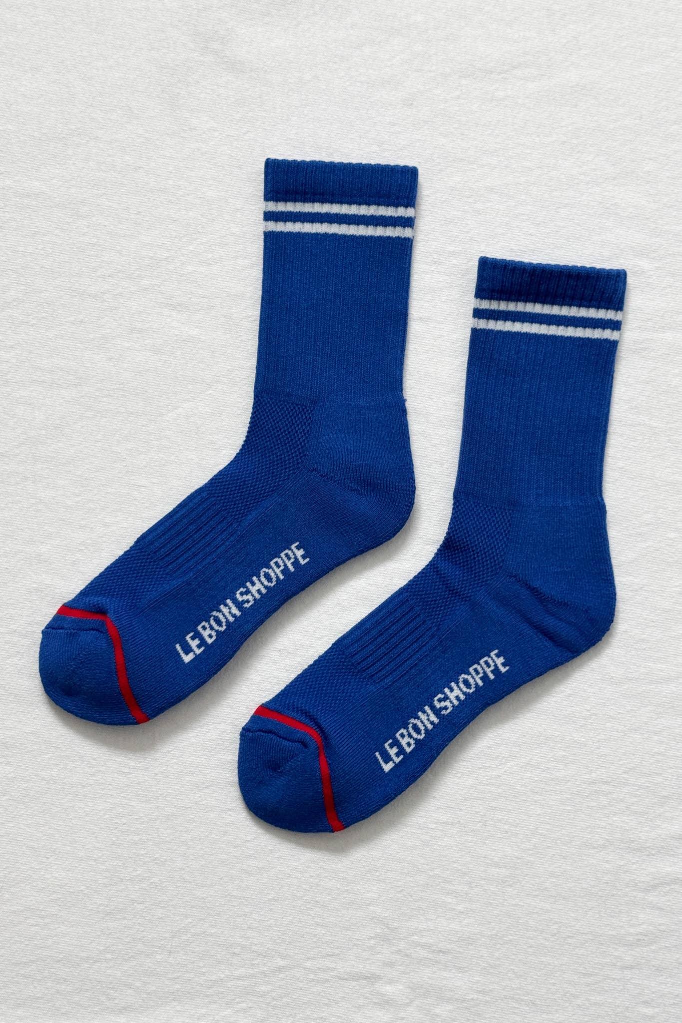 Le Bon Shoppe blue cotton crew socks with white stripes and red toe accent