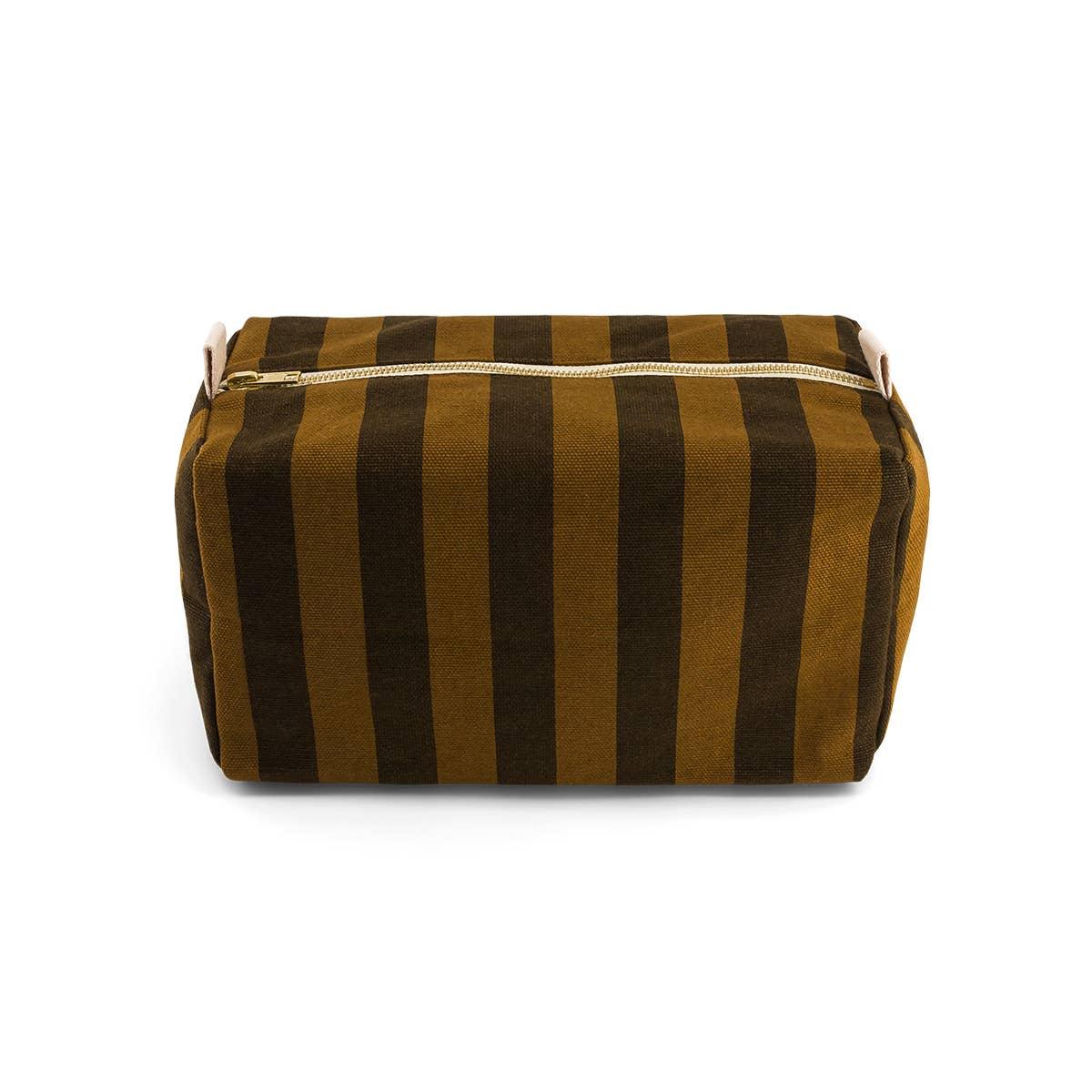 Izola canvas dopp kit, brown and black vertical stripes, premium gold zipper