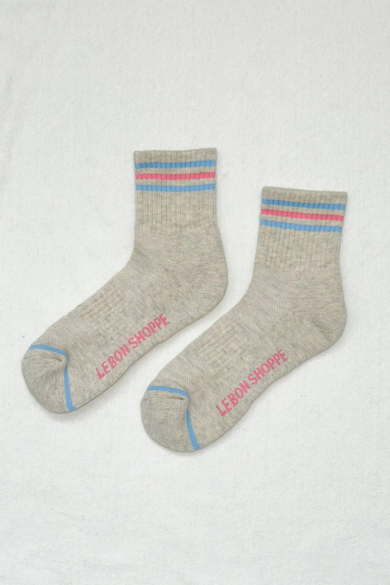Le Bon Shoppe beige wool socks with blue and pink stripes and logo on white background