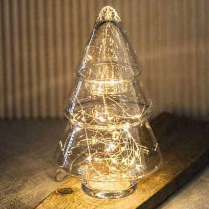 Glass tree-shaped light by Shopify, clear glass and warm LED string lights, tabletop decor.