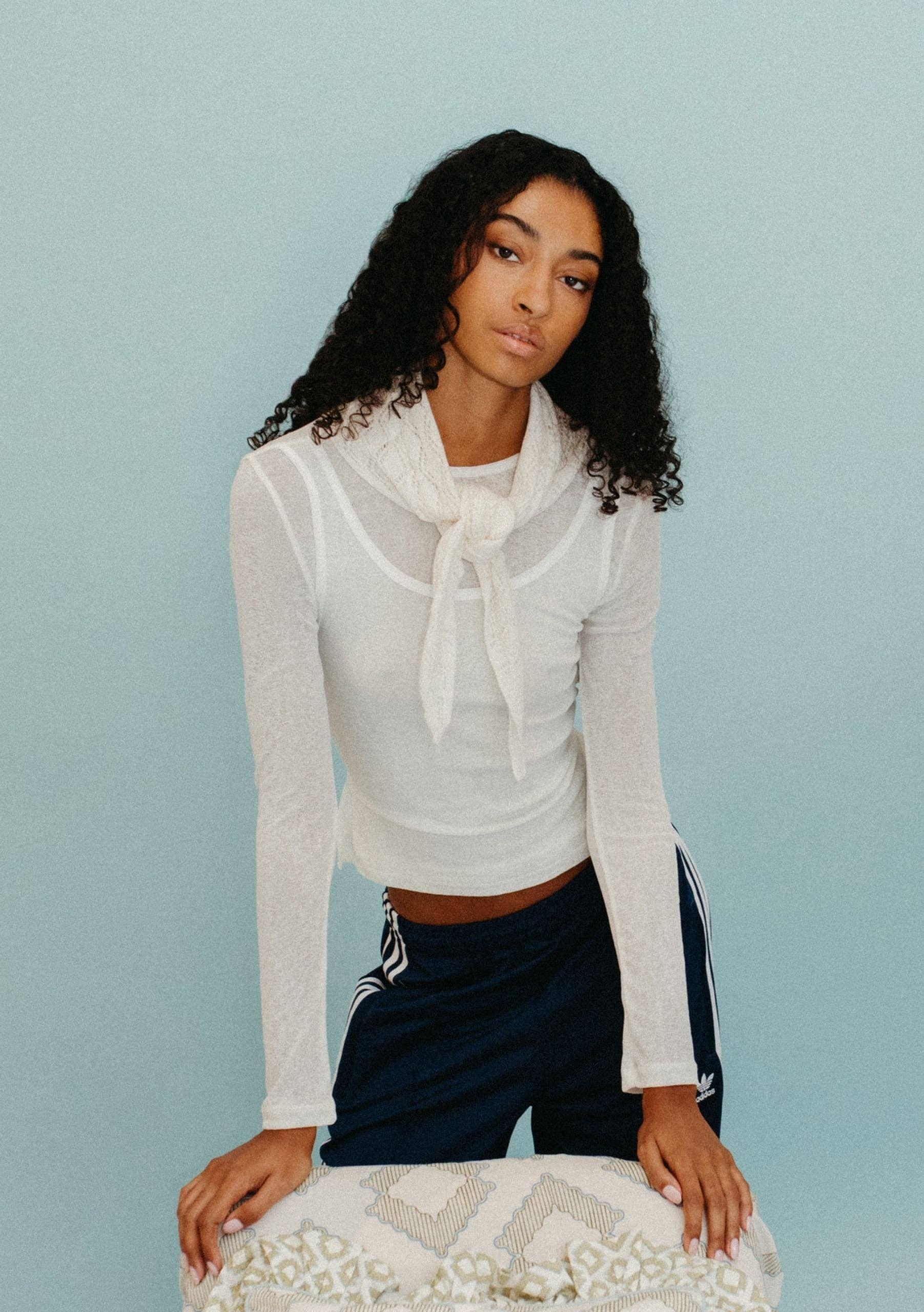 Merino Wool Triangle Scarf in White Pointelle