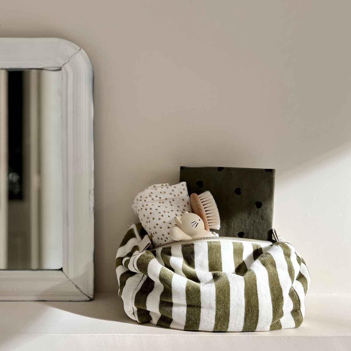 MRS ERTHA striped cotton toiletry bag in green and white with baby essentials, premium nursery accessory