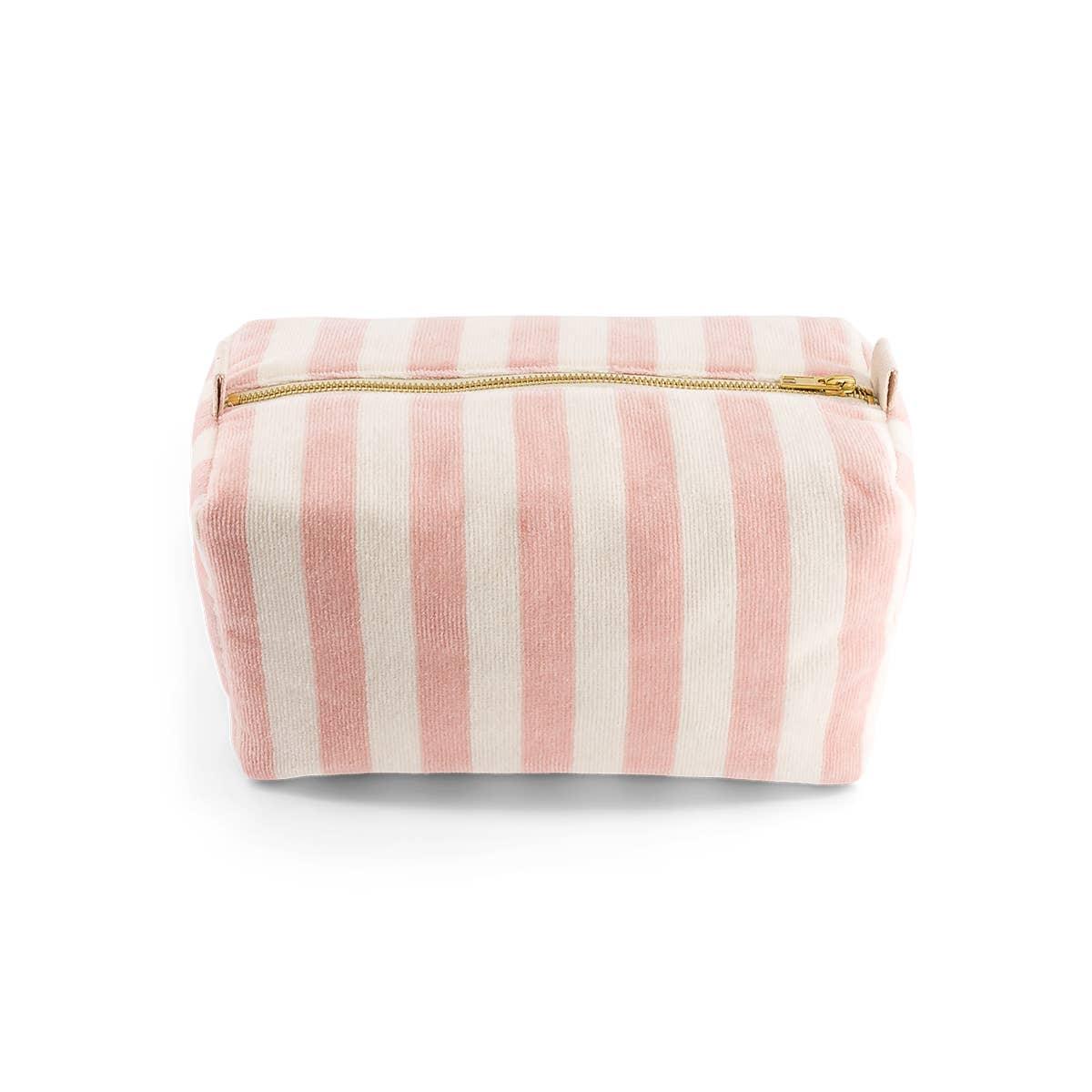 Baggu striped canvas pouch in pink and white with gold zipper, premium makeup bag
