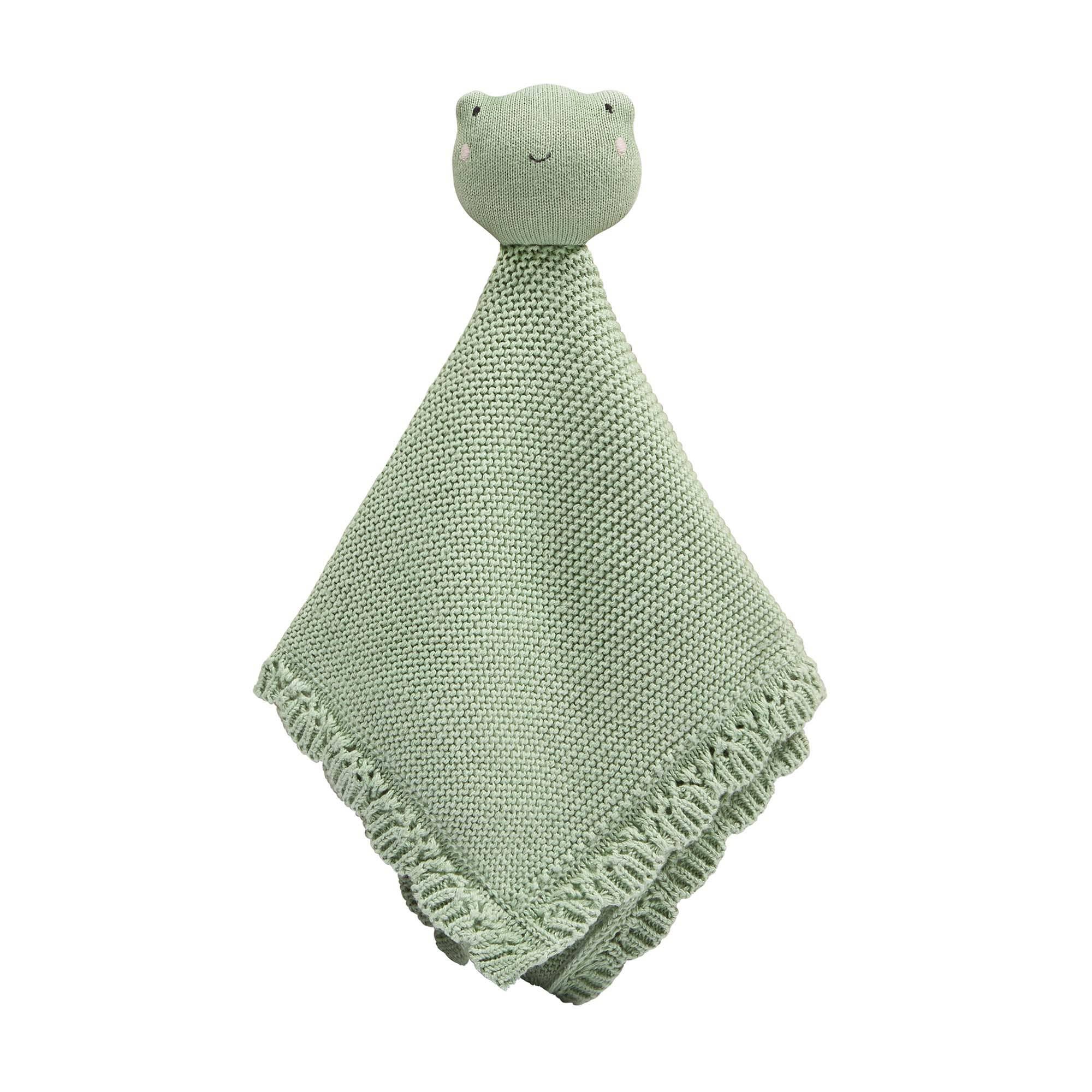 SAGA Copenhagen green organic cotton frog security blanket with knit texture