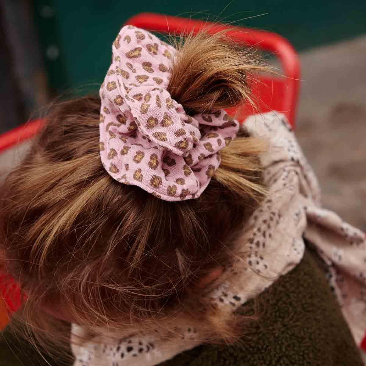 Bonjour Diary pink leopard print cotton scrunchie in girl's hair