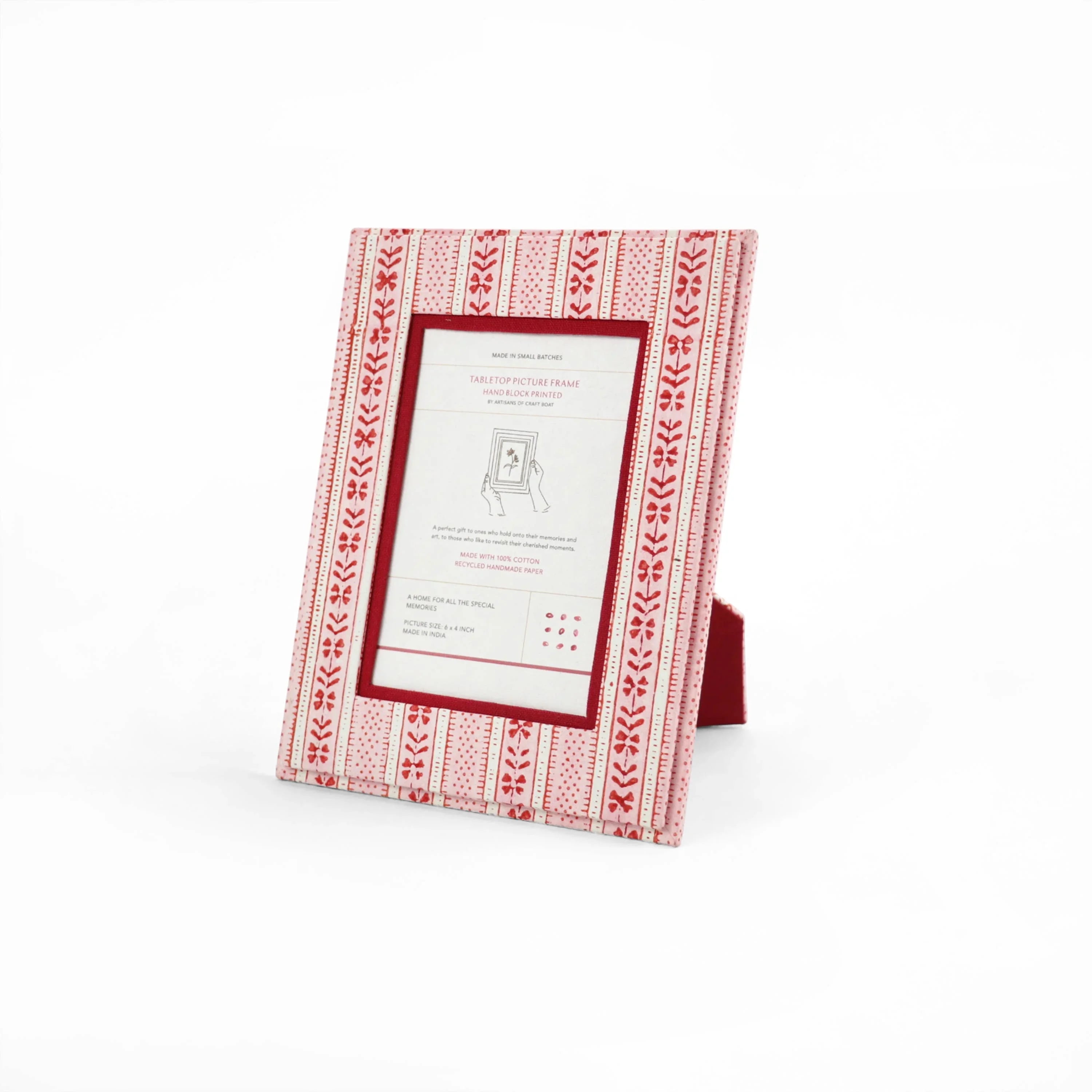 Moon Velvet hand block printed cotton red and white tabletop picture frame