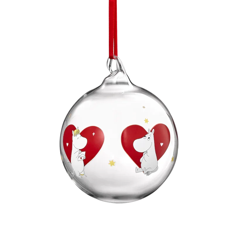 Iittala glass Christmas bauble with Moomin characters, clear with red hearts and gold stars