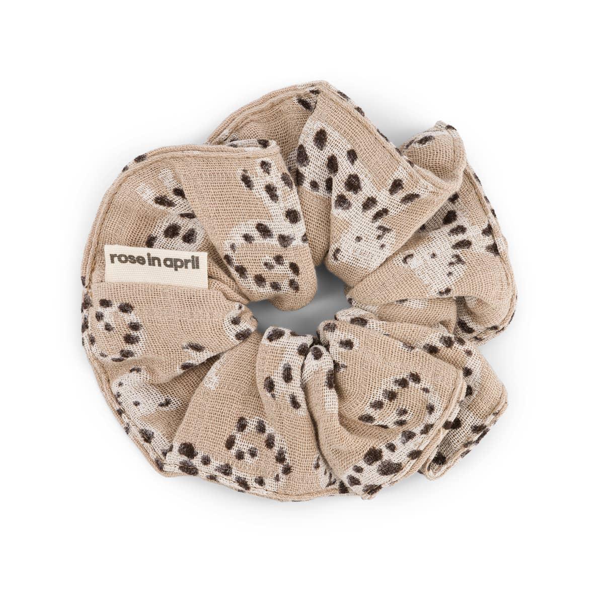 rose in april beige scrunchie, spotted cotton hair accessory with black dots