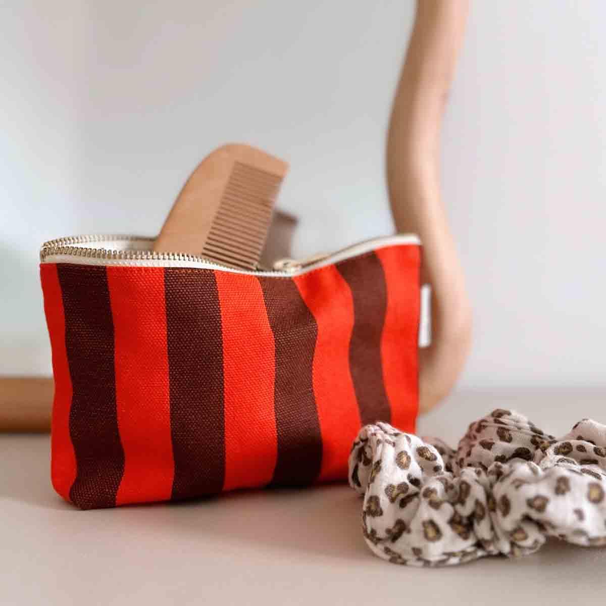 BAGSIN red and brown striped canvas pouch with wooden comb and leopard print scrunchie