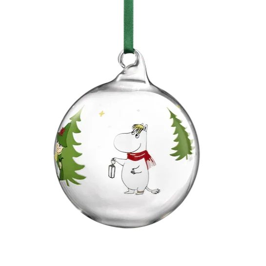 Moomin glass Christmas bauble with character illustration, green ribbon, clear finish