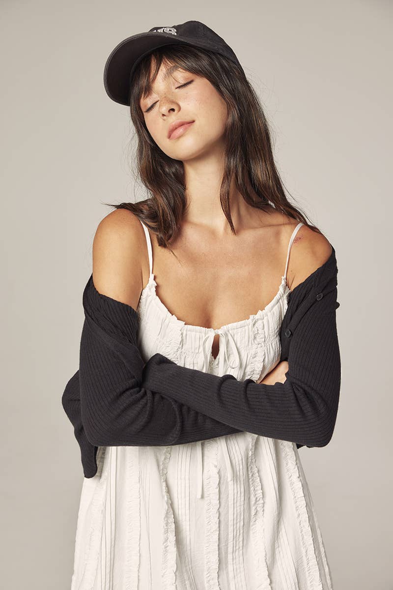 V-neck cotton line rib cardigan: Black / Solid / M/L